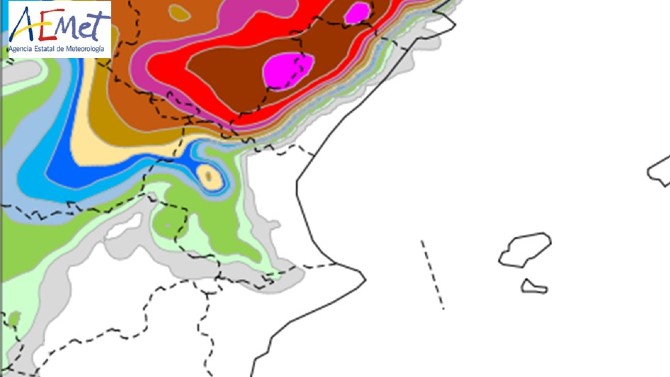Precipitación en forma de NIEVE prevista en las PRÓXIMAS 24 HORAS, entre las 11 de hoy y las 11 de mañana domingo.